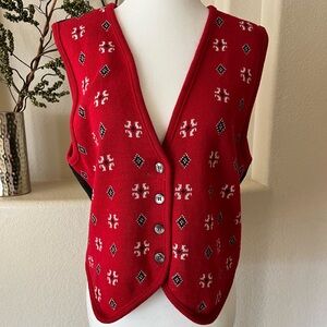 Liz Sport Vintage Red Knitted Cotton Sweater Vest Women's Small Allover Pattern